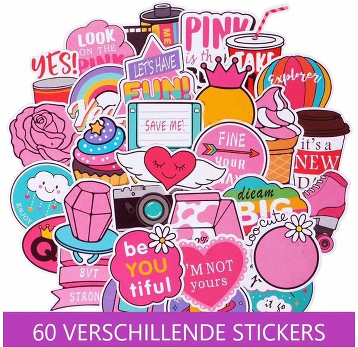60 Roze VSCO Stickers – Teksten & Vrolijke Plaatjes