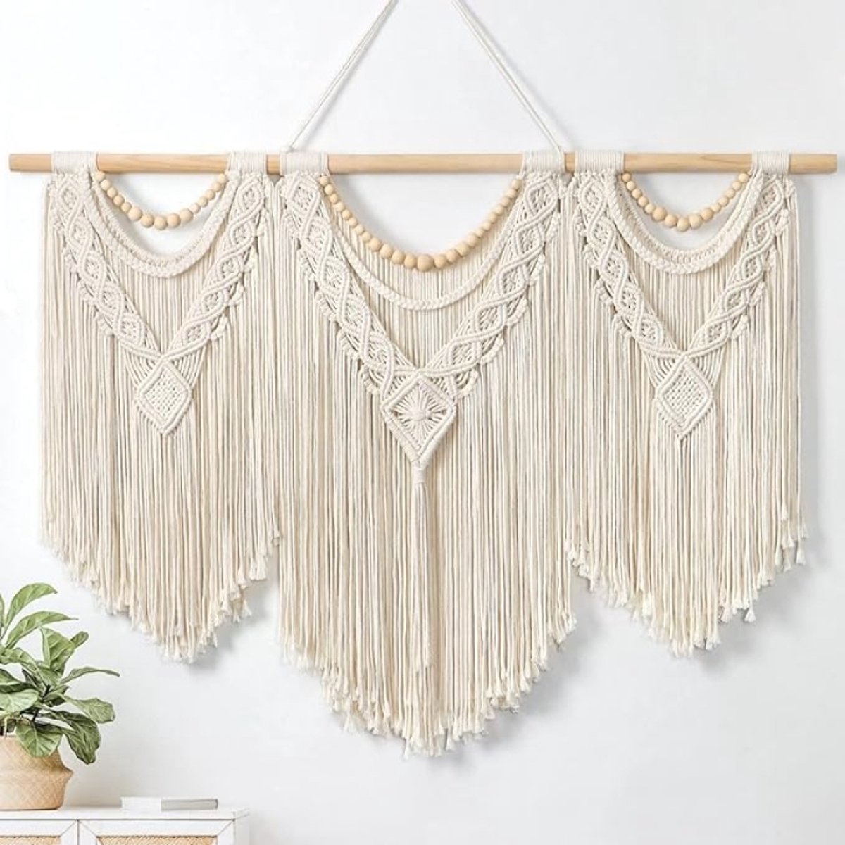 Macramé Wandtapijt Groot 110x80 cm - Boho Geweven Wanddecoratie met Bladeren en Kwasten - Natuurlijk Katoenen Touw voor Slaapkamer, Woonkamer, Achtergrond - Inclusief Houten Kralen