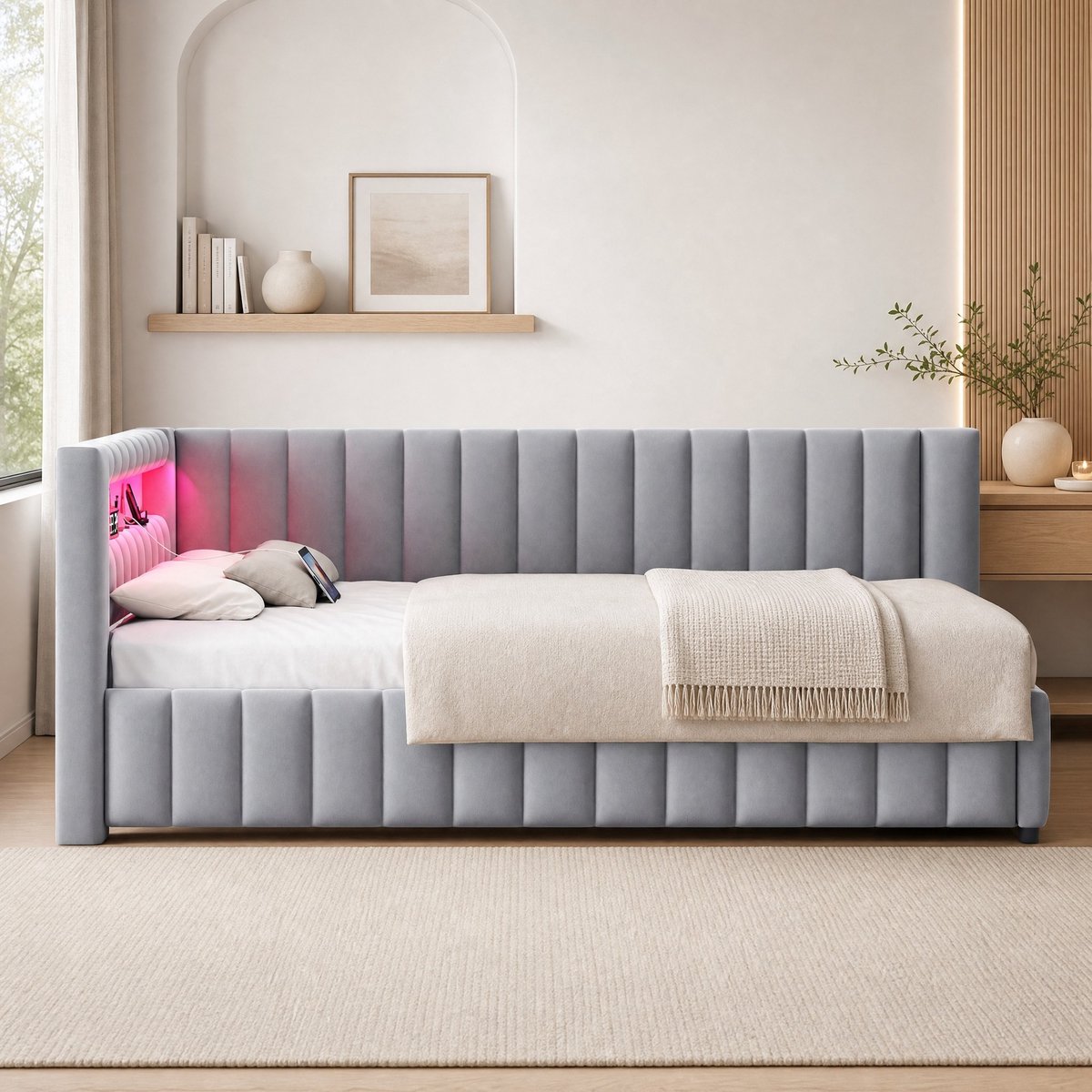 REDOM - Slaapbank - 140 x 200 cm ligoppervlak - L-vorm met rugleuning en hoofdbord - LED-verlichting en USB-poort - Stof en MDF - Grijs - 209 x 147,5 x 82 cm