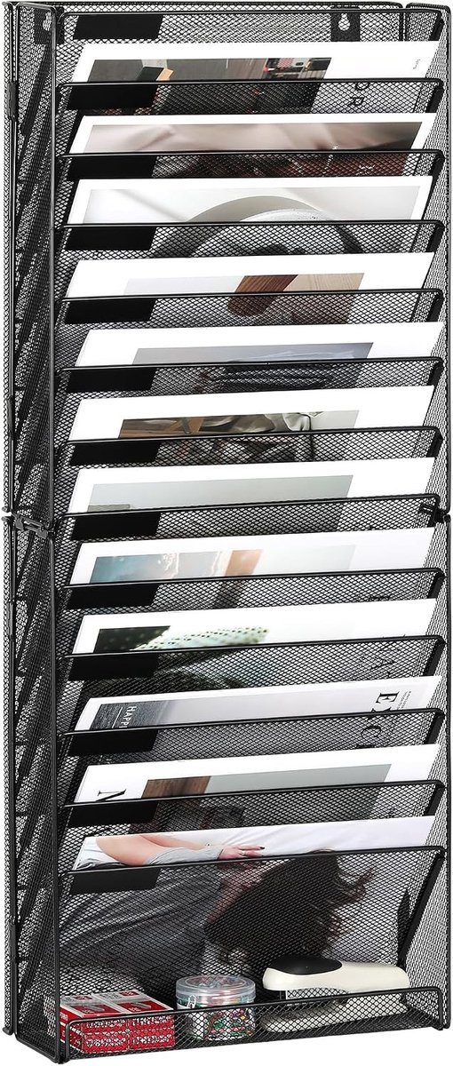 14-Tier Mesh Wandbestandsorganizer voor A4 Papier - Muurbevestigde Documenthouder en Bureau Organizer voor Kantoor, Thuis en School, Zwart