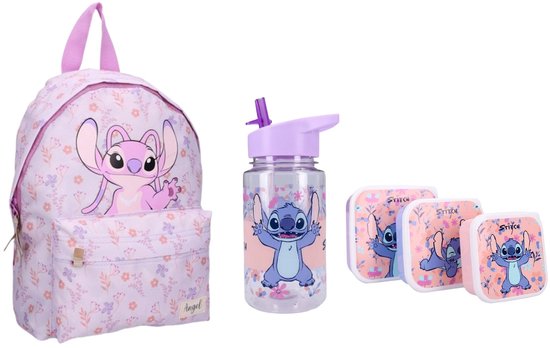 Lichtroze rugzak met bloemenpatroon en Angel, waterfles en lunchtrommels met Stitch.