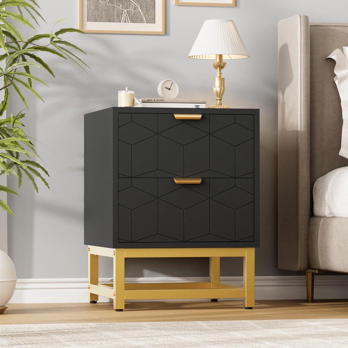 Modern Nachtkastje Zwart met 2 Lades - Luxe Bijzettafel met Gouden Handgrepen en Poten - Hoogglans Nachtkastje voor Slaapkamer - 40 x 40 x 54 cm