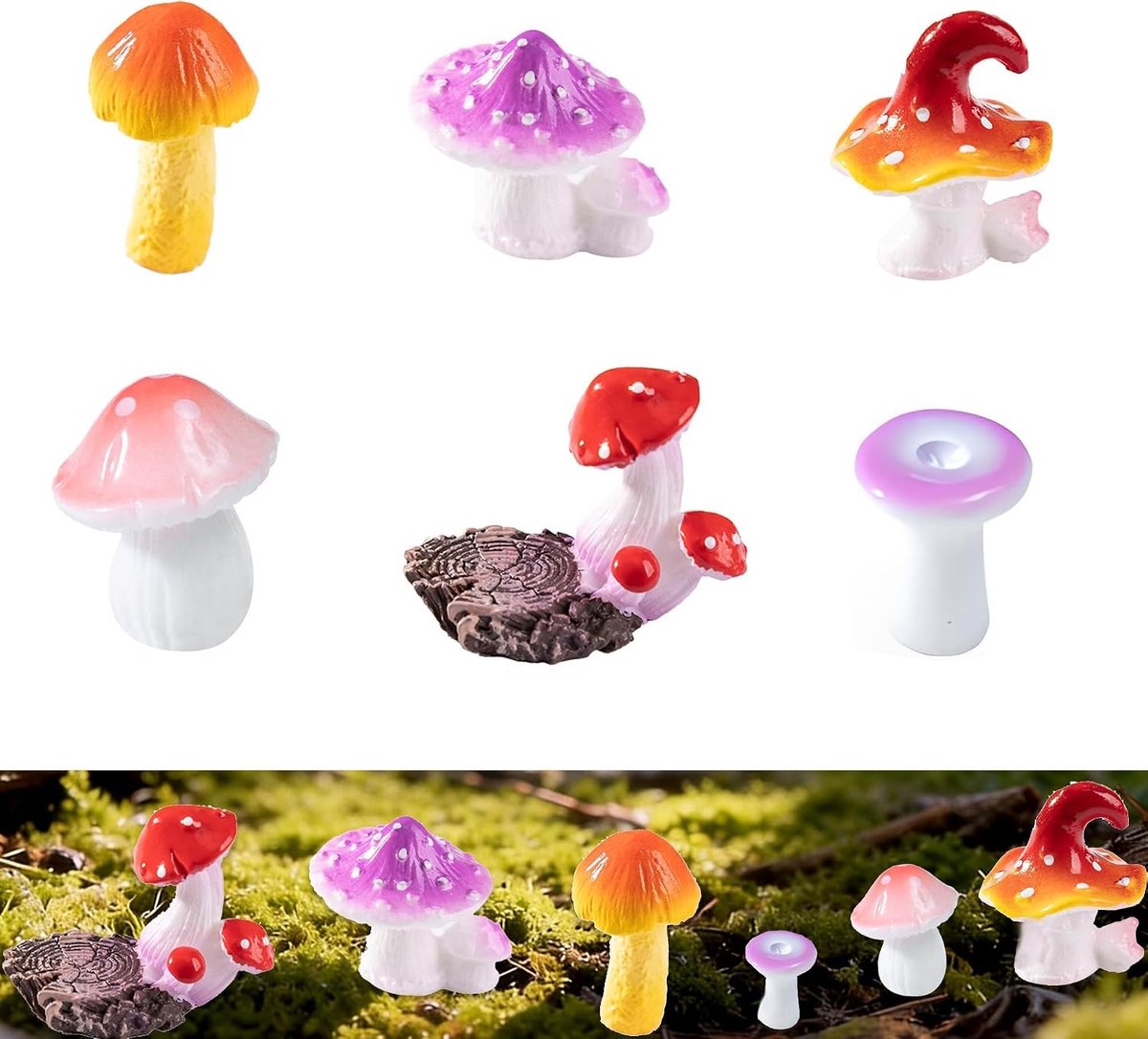 Set van 6 Miniatuur Paddenstoelen Figuren, Kunststof Decoratie voor Tuin en Tafel, Ideaal voor Tuinieren en Creatieve Projecten