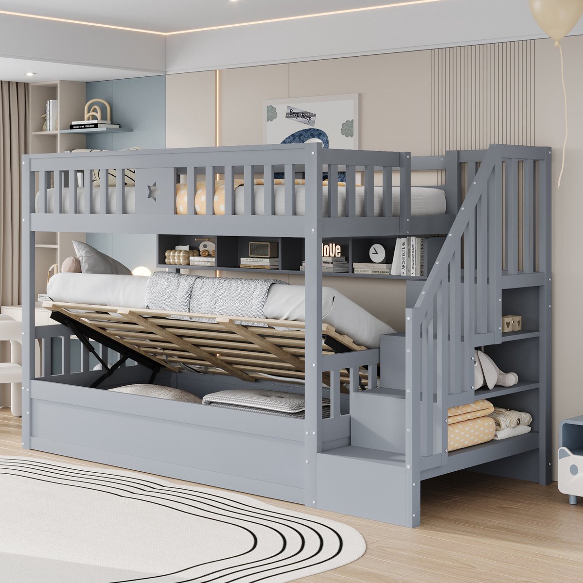 REDOM - Stapelbed met opbergruimte - Hydraulisch onderbed - Ladder met opbergvakken - Uitvalbeveiliging - Houten bed - Kinderkamer - Hout MDF - Grijs - 90 x 200 cm