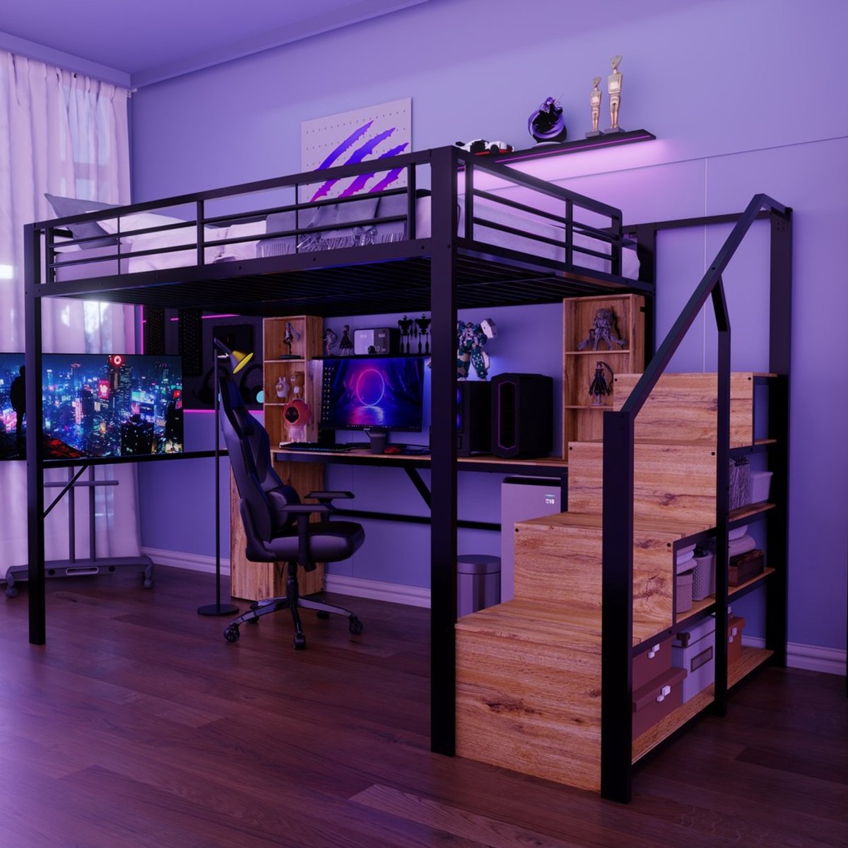 KOMHTOM Metalen hoogslaper, 140 x 200 cm, met stevige ijzeren constructie, praktisch bureau, opbergvakken, kast, opbergtrap en USB-oplaadaansluiting op het bureau – zonder matras, in het zwart