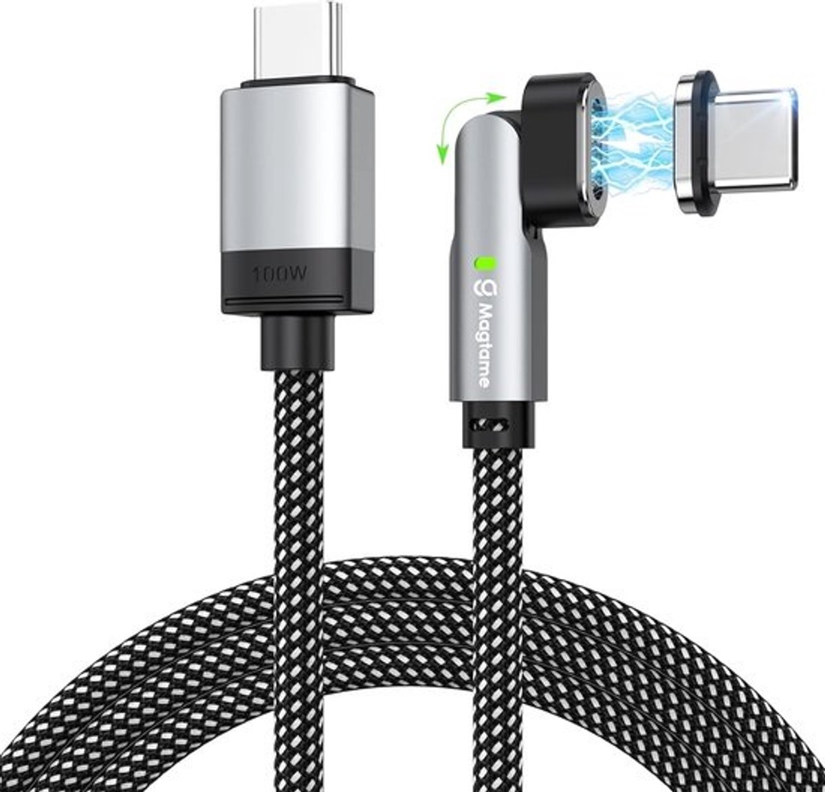 Magnetische USB-C Kabel 100W - 90 Graden Haakse Lader en Datakabel Gevlochten 1 Meter