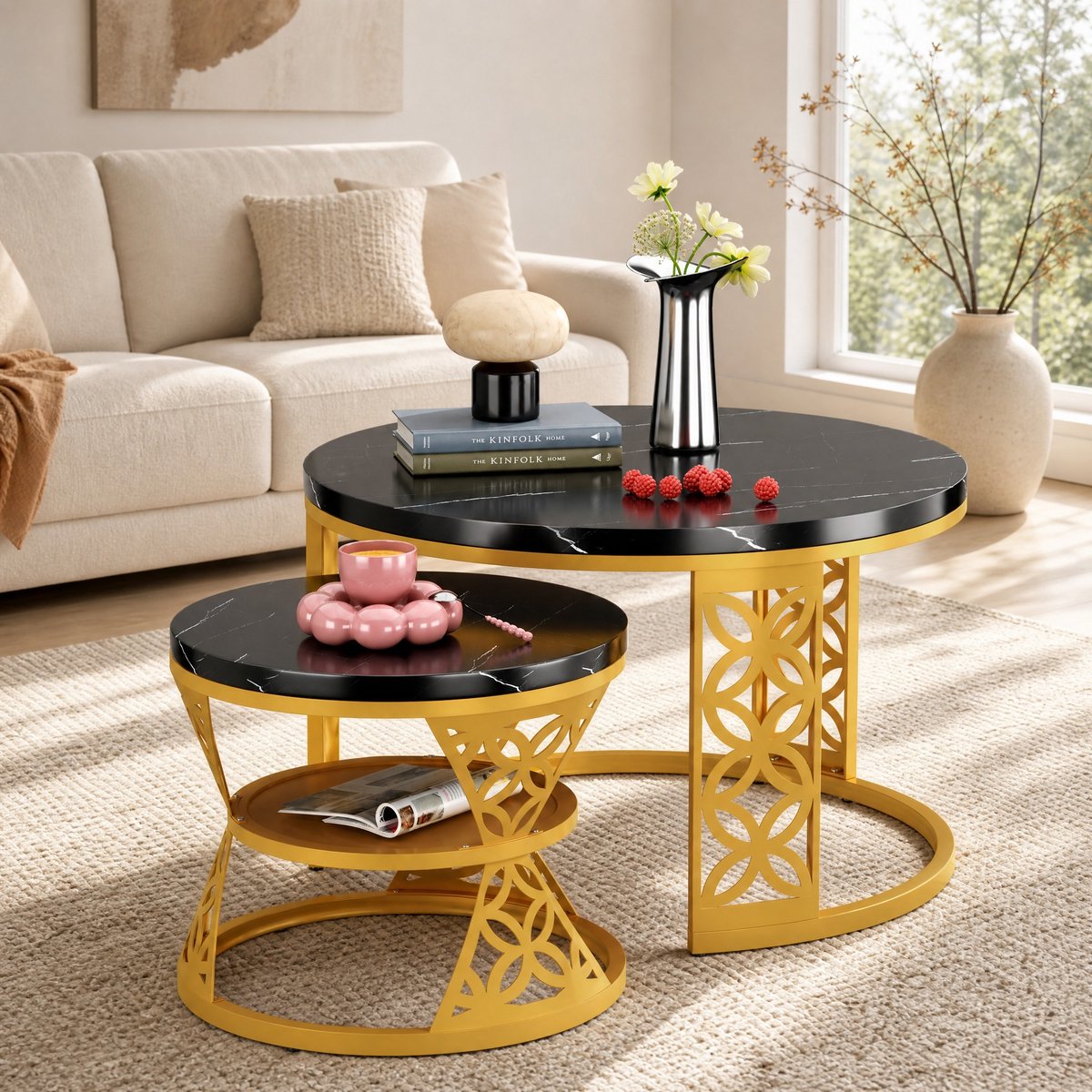 OKWISH Salontafel 2-Delig Set - Rond Hoogglans Marmerlook Tafelblad - Goud Metaal Frame - Modern Stapelbaar - 70×70×45 & 45×45×37 Cm - Goud En Zwart
