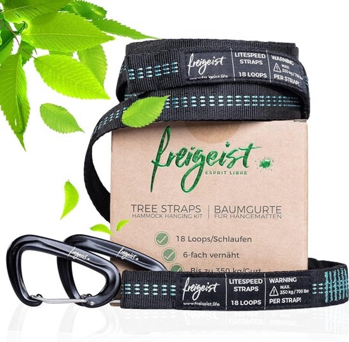 Hangmat Ophangset - Boombanden Karabijn - Outdoor Ontspanning - Compleet Inclusief - Tot 350kg - Zwart