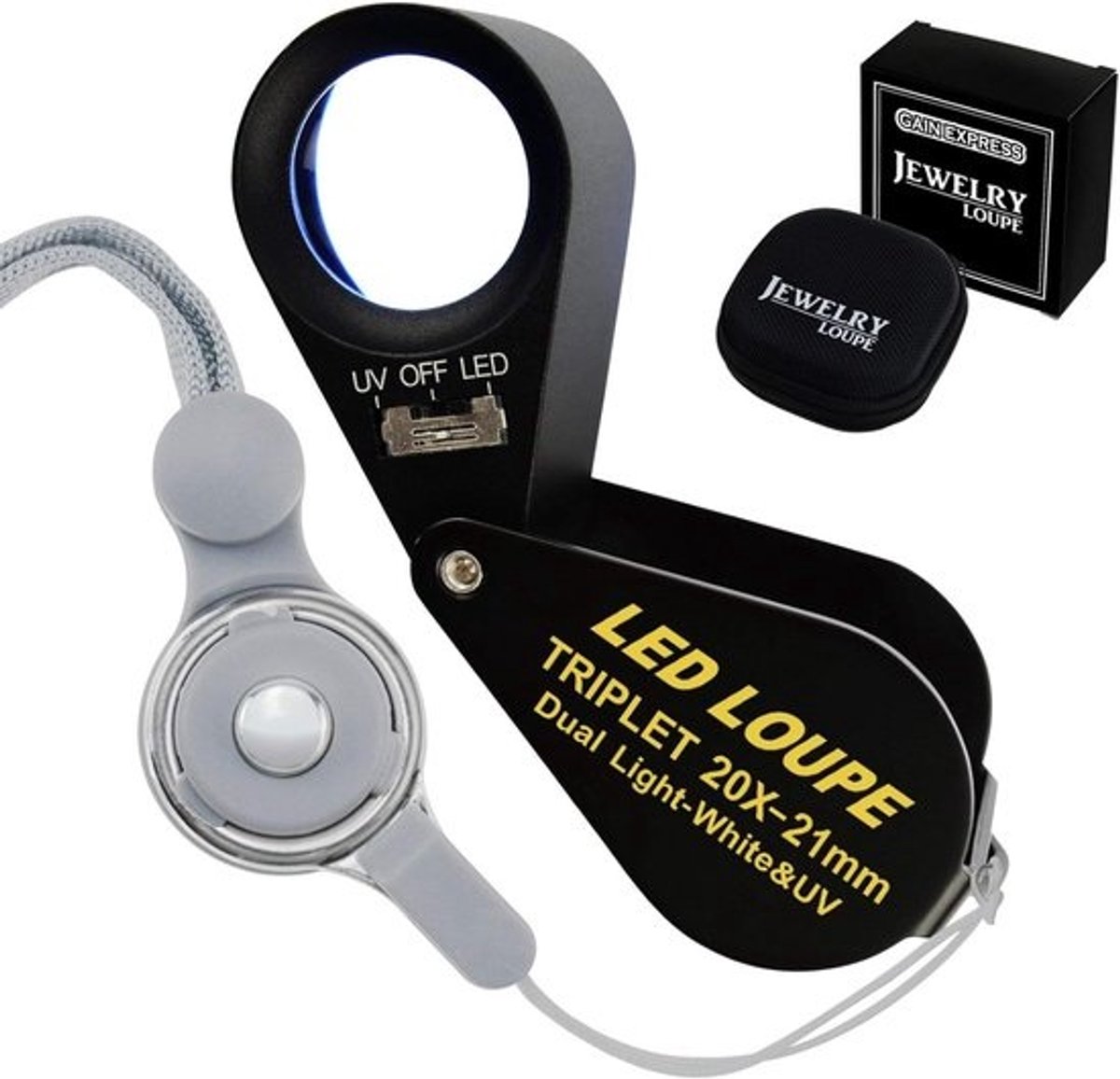 Vergrootglas 20x met LED en UV Licht voor Sieraden en Edelstenen Inspectie