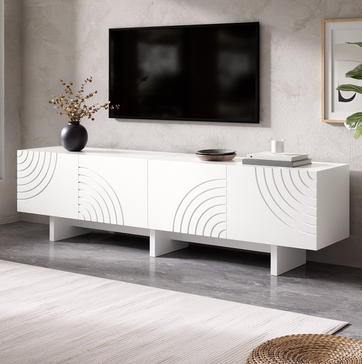 MODFU - TV Meubel - 4 Deuren - Geometrisch Boogpatroon - Wit - 170 X 35 X 50 Cm