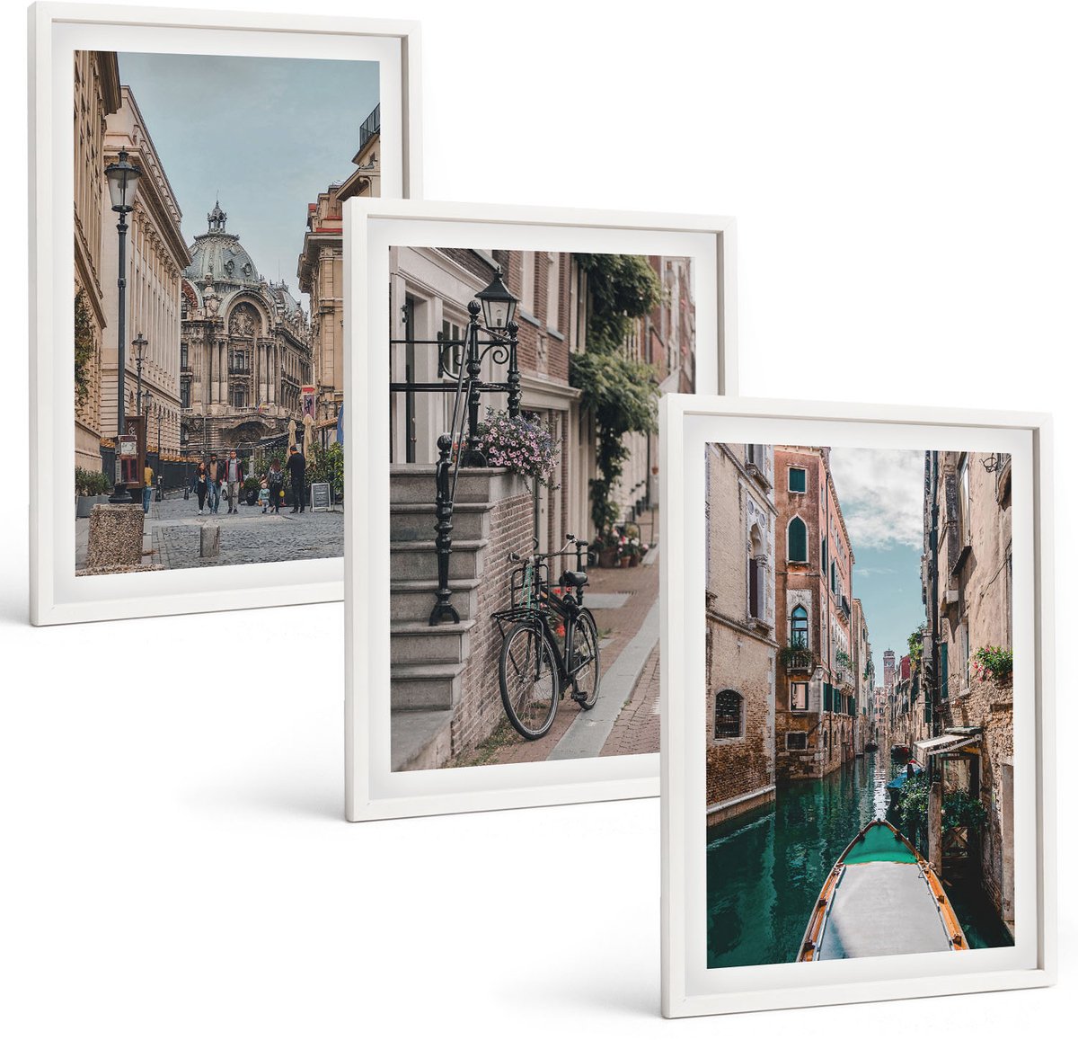 Wallfluent 3-Delige Schilderij Set - Venetiaanse Straten Van Steden Met Architectuur En Water - 40 x 60 - Muurdecoratie - Decoratieve Schilderijen - Wohnzimmer