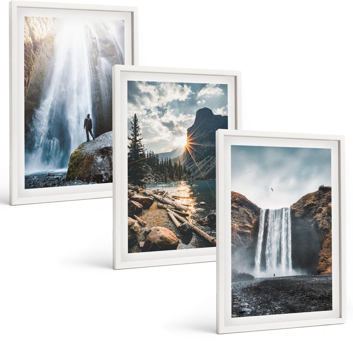 Wallfluent 3-Delige Schilderij Set - Watervallen In De Bergen Met Prachtige Natuurlijke Landschappen - 40 x 60 - Wanddecoratie - Muurdecoratie - Moderne Interieurdecoratie - Stijlvolle Muurdecoratie