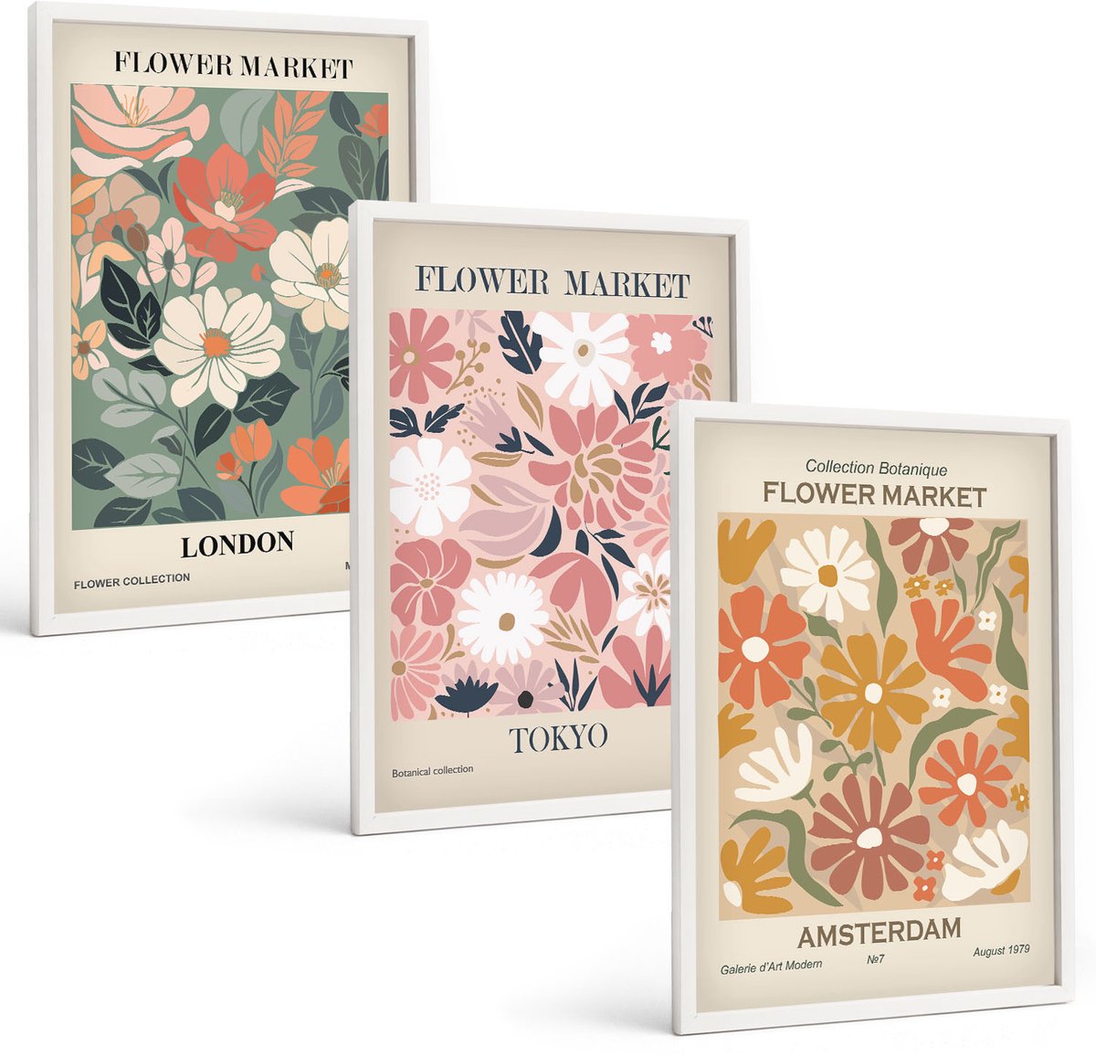 Wallfluent 3-Delige Schilderij Set - Posters Met Bloemenpatronen Uit Londen, Tokio En Amsterdam - 40 x 60 - Muurdecoratie - Interieur Decoratie