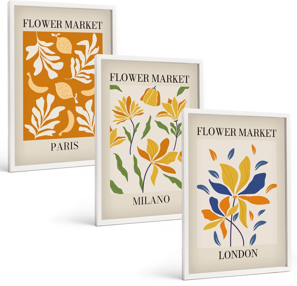 Wallfluent 3-Delige Schilderij Set - Bloemenposters Parijs Milaan Londen - 40 x 60 - Schilderijen Set - Wanddecoratie - Woonkamer