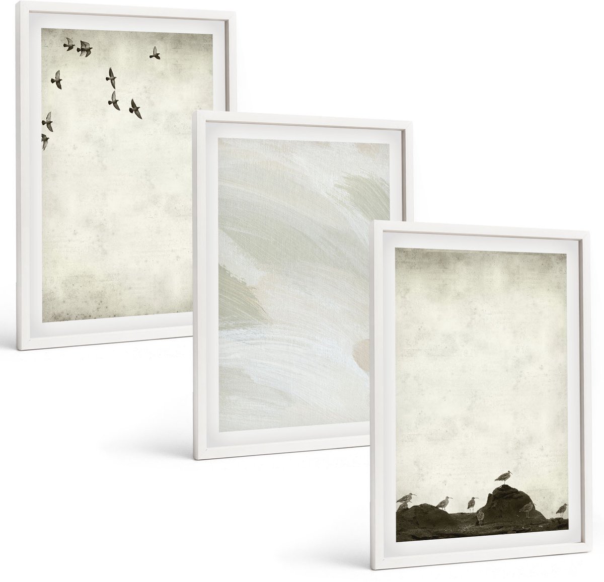 Wallfluent 3-Delige Schilderij Set - Vogels, Rotsen En Penseelstreken: Minimalistische Decoraties - 40 x 60 - Schilderijen Set - Wanddecoratie - Woonkamer