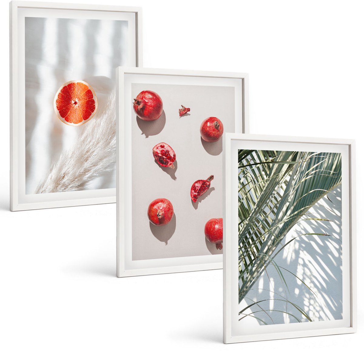 Wallfluent 3-Delige Schilderij Set - Tropische Zomervruchten, Palmbladeren - 40 x 60 - Muurdecoratie - Wanddecoratie - Hal - Stijlvolle Muurdecoratie