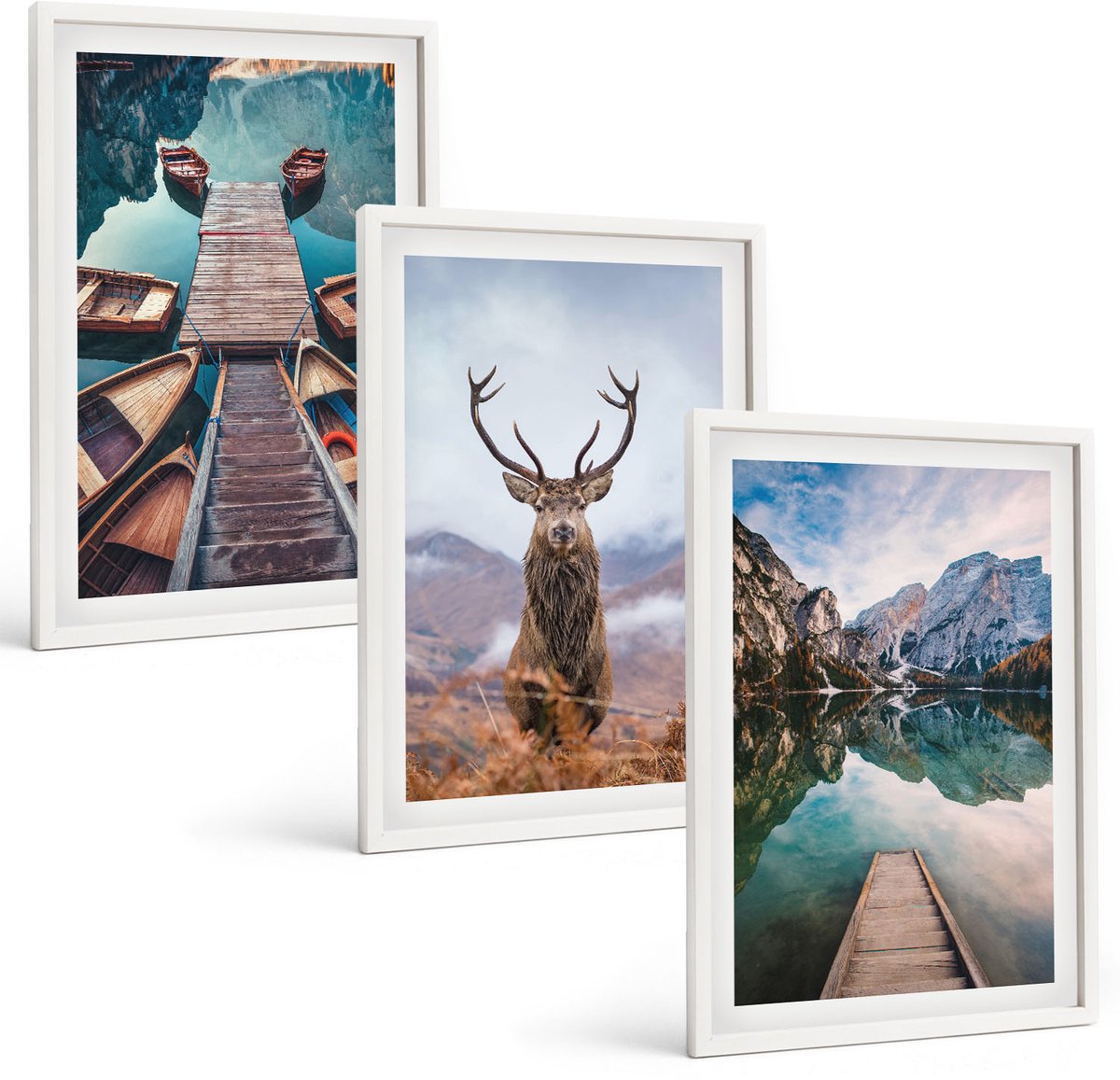 Wallfluent 3-Delige Schilderij Set - Meer Met Boten, Herten En Berglandschap - 40 x 60 - Schilderijen Set - Wanddecoratie - Woonkamer