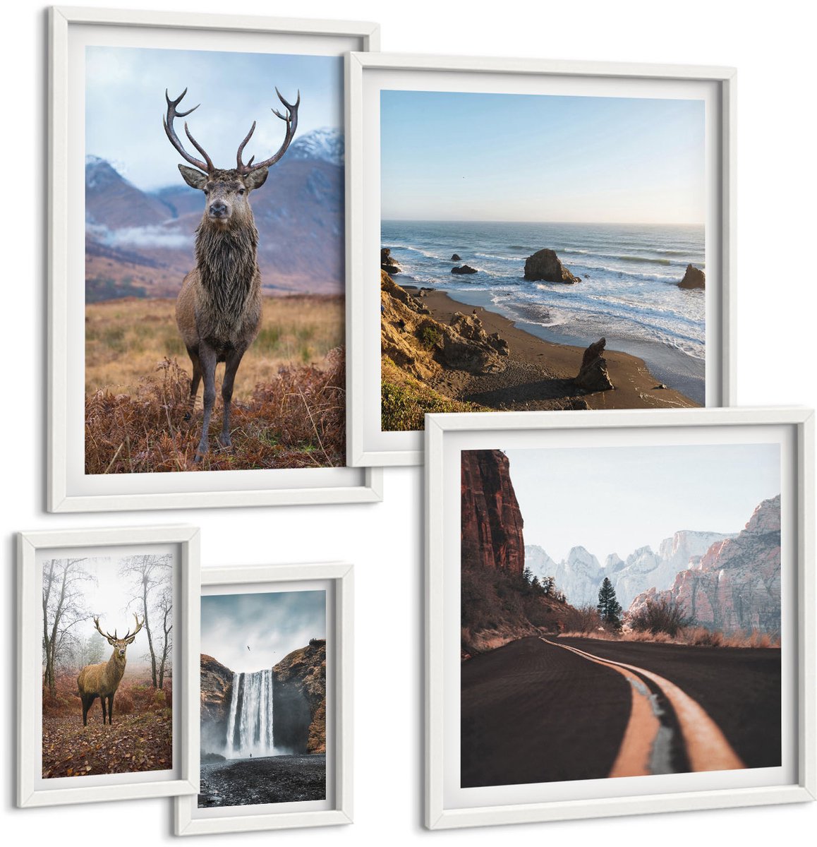 Wallfluent 5-Delige Schilderij Set - Natuur En Wilde Dieren In Pittoreske Landschappen - 50 x 50 cm, 20 x 30 cm En 40 x 60 cm - Muurdecoratie - Decoratieve Schilderijen - Wohnzimmer - Woonkamer Decoratie