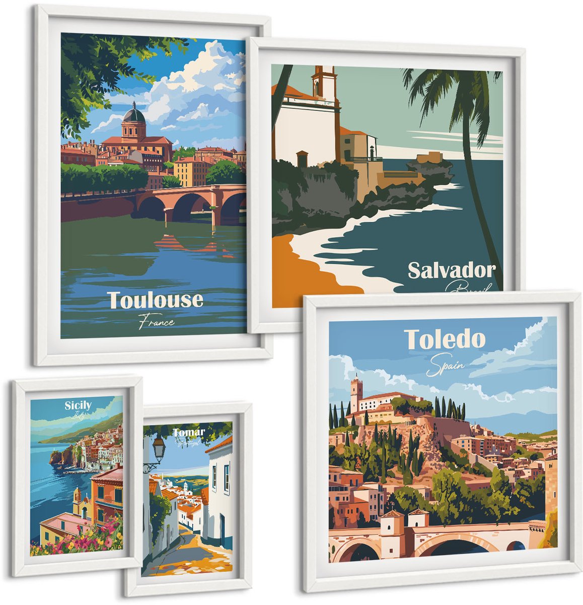 Wallfluent 5-Delige Schilderij Set - Schilderachtige Uitzichten En Landschappen Van Europese Steden - 50 x 50 cm, 20 x 30 cm En 40 x 60 cm - Stijlvolle Muurdecoratie - Slaapkamer - Decoratieve Schilderijen