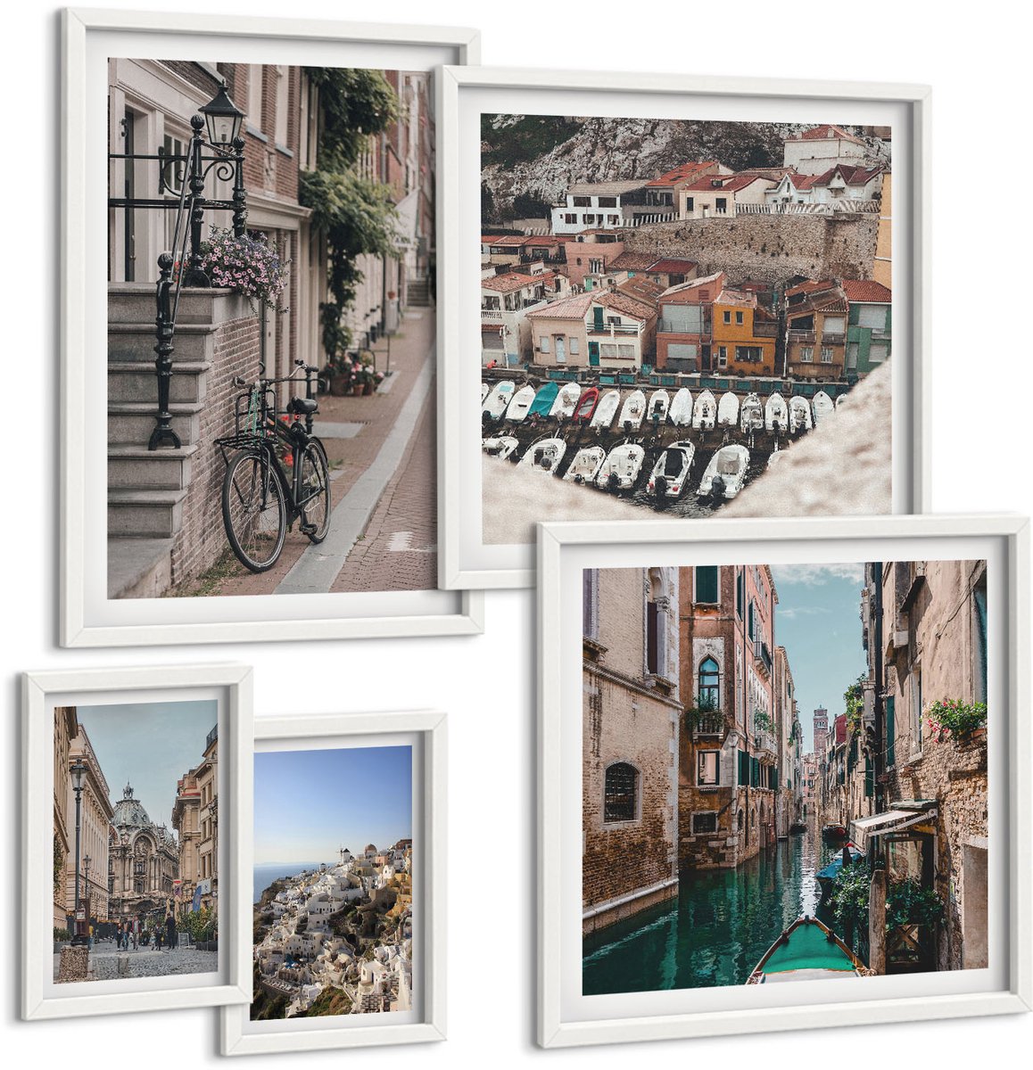 Wallfluent 5-Delige Schilderij Set - Charmante Straten Van Europese Steden Met Fietsen En Kanalen - 50 x 50 cm, 20 x 30 cm En 40 x 60 cm - Wanddecoratie - Muurdecoratie - Moderne Interieurdecoratie