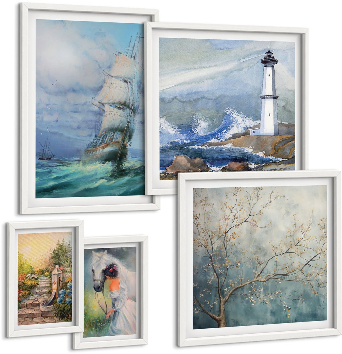 Wallfluent 5-Delige Schilderij Set - Zeeavonturen En Romantische Natuurlandschappen - 50 x 50 cm, 20 x 30 cm En 40 x 60 cm - Moderne Wanddecoratie - Slaapkamer