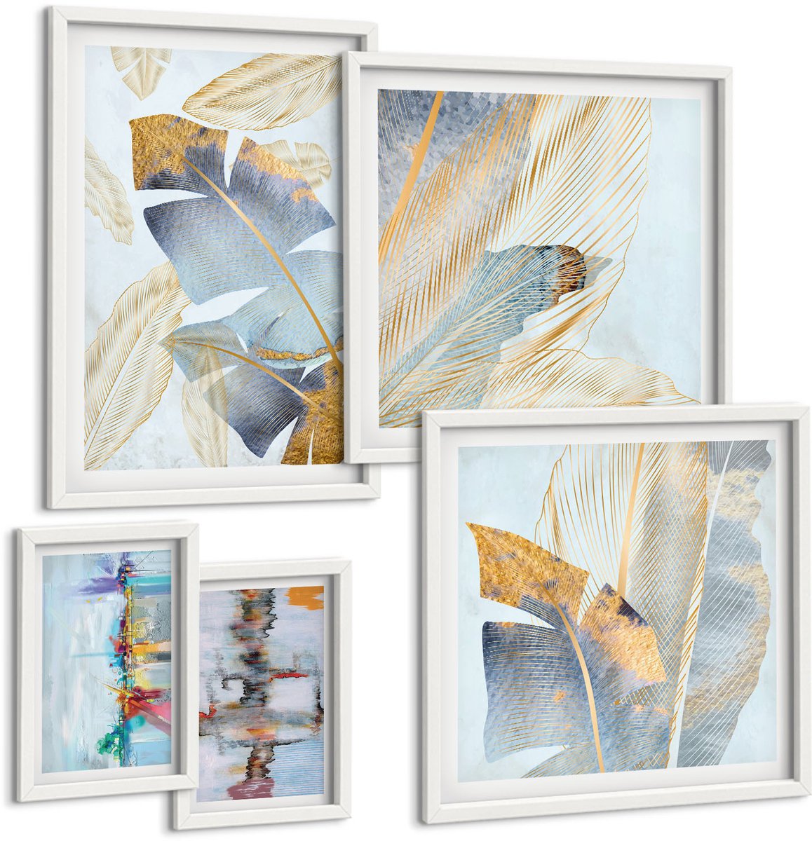 Wallfluent 5-Delige Schilderij Set - Plantmotieven Met Moderne Artistieke Accenten - 50 x 50 cm, 20 x 30 cm En 40 x 60 cm - Wanddecoratie - Muurdecoratie - Moderne Interieurdecoratie