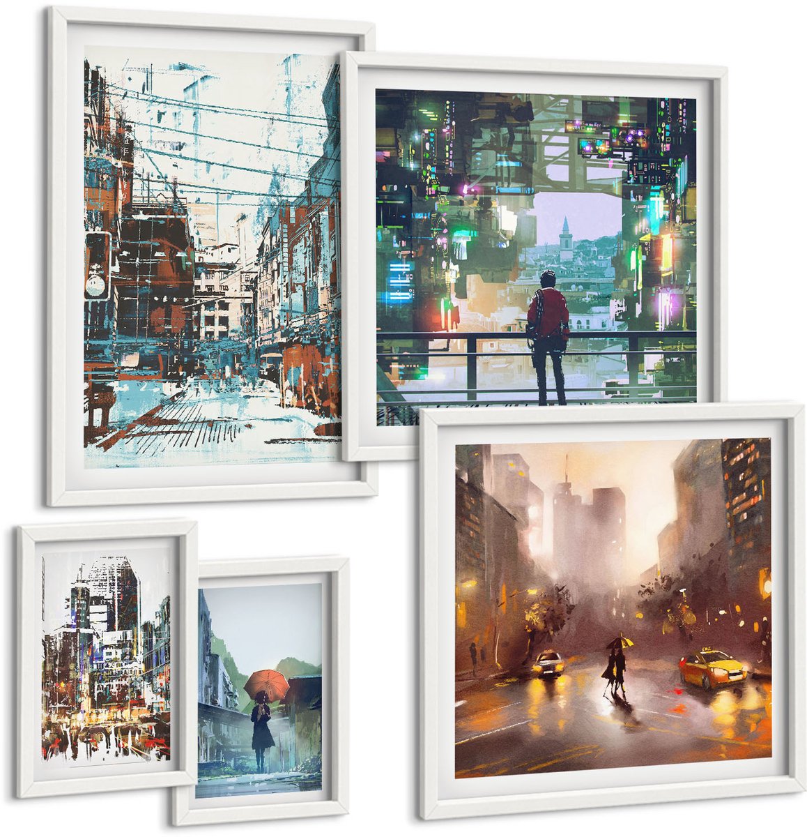 Wallfluent 5-Delige Schilderij Set - Moderne Stadsgezichten Met Straten En Figuren - 50 x 50 cm, 20 x 30 cm En 40 x 60 cm - Moderne Wanddecoratie - Woonkamer