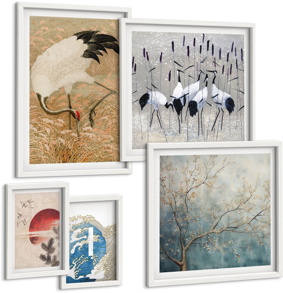 Wallfluent 5-Delige Schilderij Set - Stijlvolle Schilderijen Met Natuur- En Vogelmotieven. - 50 x 50 cm, 20 x 30 cm En 40 x 60 cm - Muurdecoratie - Wanddecoratie - Hal