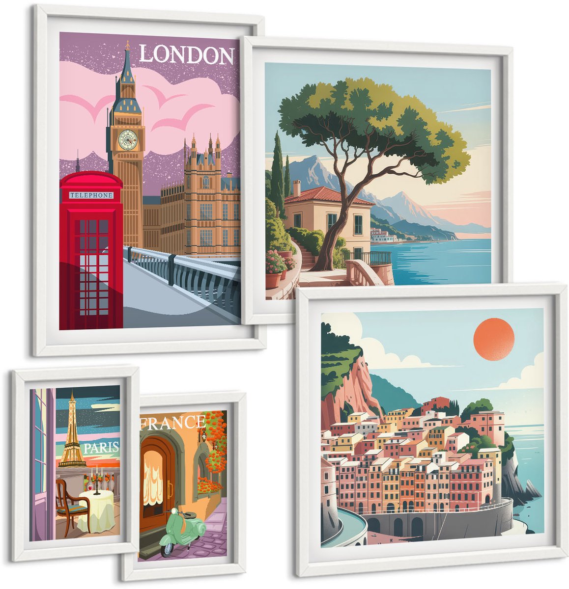 Wallfluent 5-Delige Schilderij Set - Europese Steden: Iconen Van Cultuur En Architectuur - 50 x 50 cm, 20 x 30 cm En 40 x 60 cm - Muurdecoratie - Wanddecoratie - Slaapkamer - Interieur Decoratie