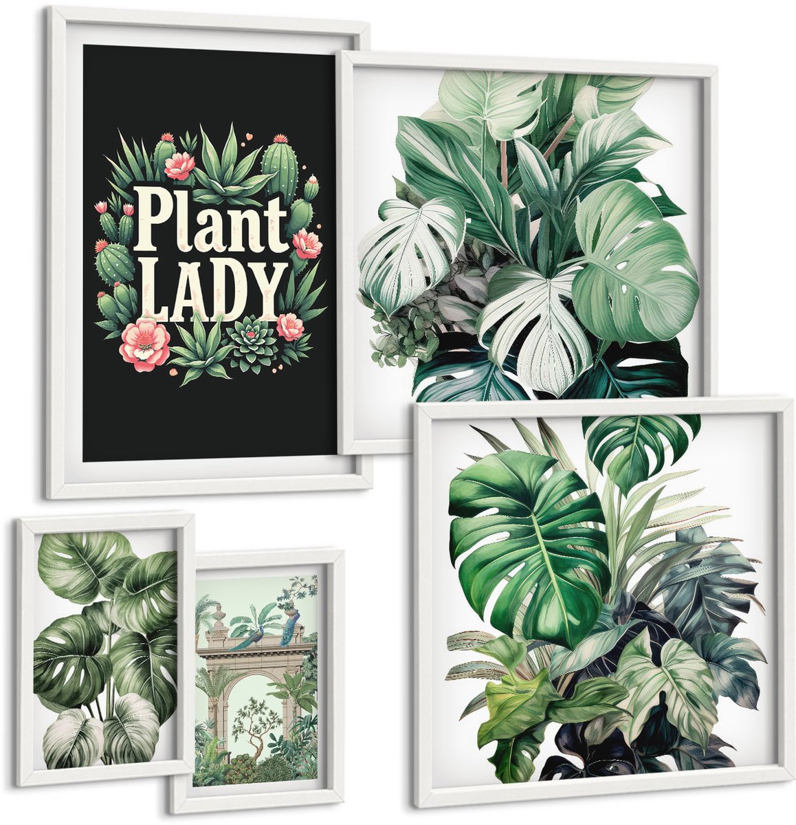 Wallfluent 5-Delige Schilderij Set - Bloemenaccenten In Boho-Stijl Voor Liefhebbers Van Groen. - 50 x 50 cm, 20 x 30 cm En 40 x 60 cm - Schilderijen Set - Wanddecoratie - Woonkamer