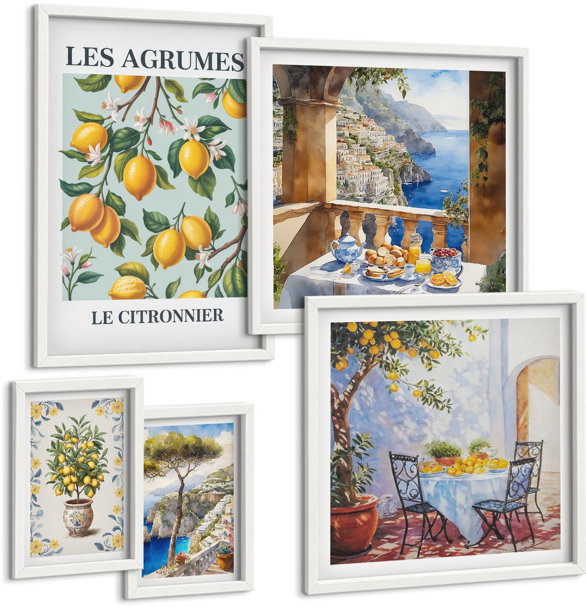 Wallfluent 5-Delige Schilderij Set - Citrusinspiratie In Provençaalse En Mediterrane Stijl - 50 x 50 cm, 20 x 30 cm En 40 x 60 cm - Muurdecoratie - Schilderijen Set - Woonkamer - Interieur Decoratie