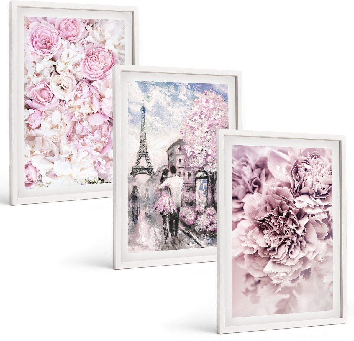 Wallfluent 3-Delige Schilderij Set - Bloemen In Verschillende Tinten Roze, Romantisch Landschap - 40 x 60 - Wanddecoratie - Schilderijen Set - Kantoor - Decoratieve Schilderijen