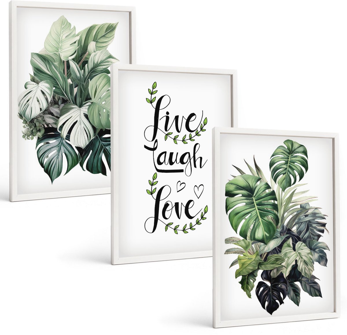 Wallfluent 3-Delige Schilderij Set - Bladrijke Planten Met De Woorden Leef, Lach, Houd Van - 40 x 60 - Decoratieve Muurdecoratie - Slaapkamer - Woonkamer Decoratie