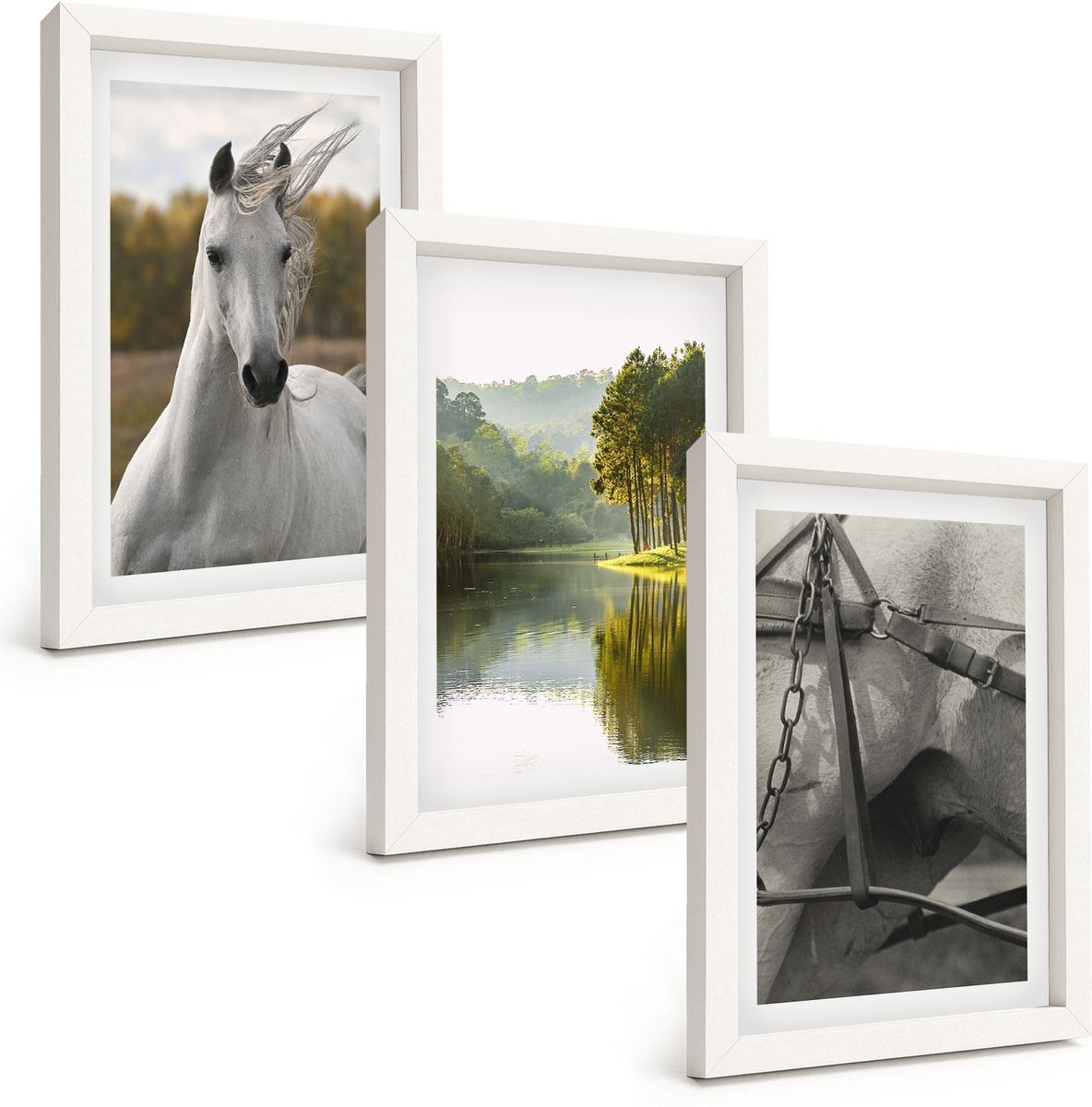 Wallfluent 3-Delige Schilderij Set - Witte Paarden Aan De Rivier - Natuurlandschap - 20 x 30 - Wanddecoratie - Schilderijen Set - Kantoor - Moderne Wanddecoratie