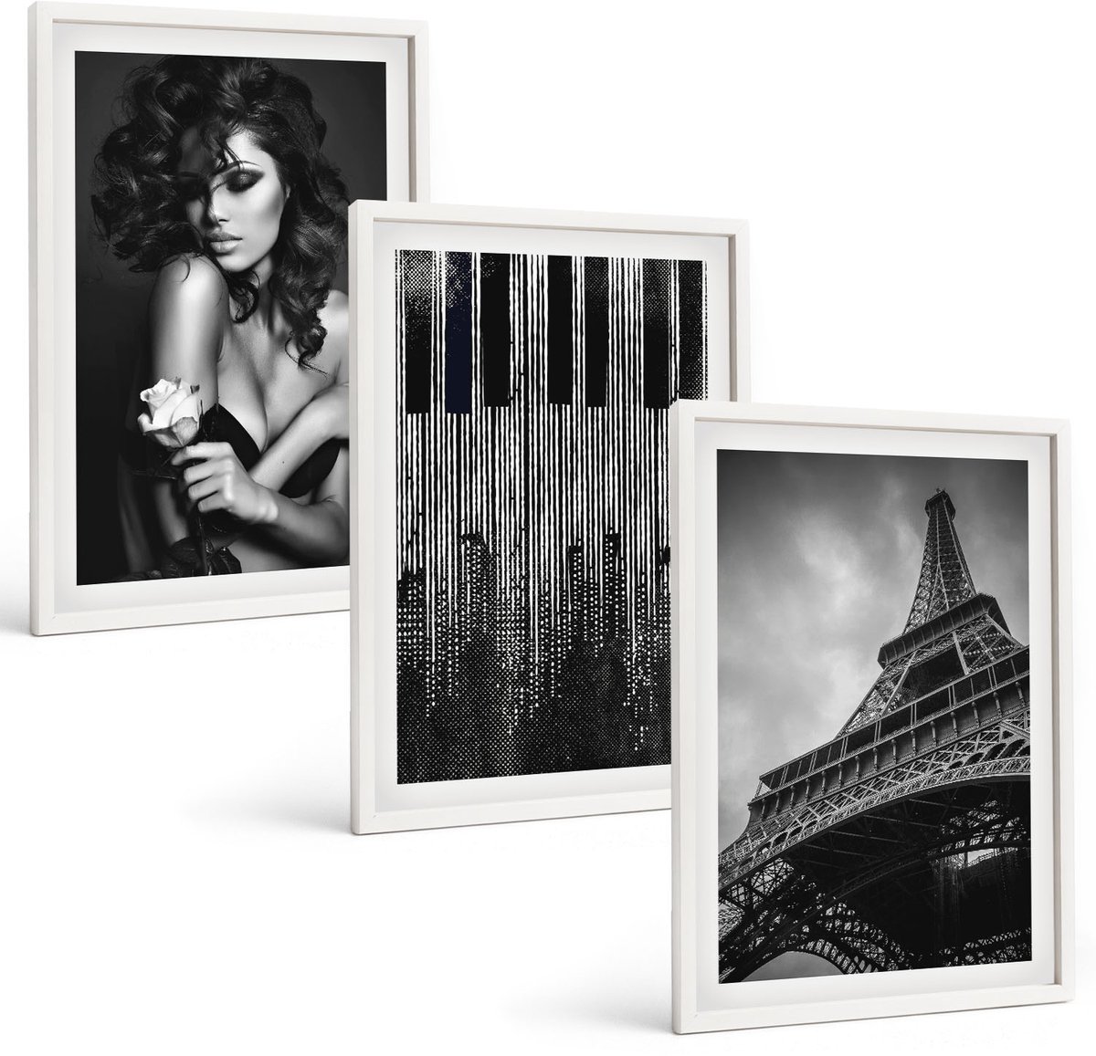 Wallfluent 3-Delige Schilderij Set - Portret Van Een Vrouw Met Een Roos, De Eiffeltoren En Een Pianopatroon - 40 x 60 - Muurdecoratie - Wanddecoratie - Slaapkamer - Moderne Wanddecoratie