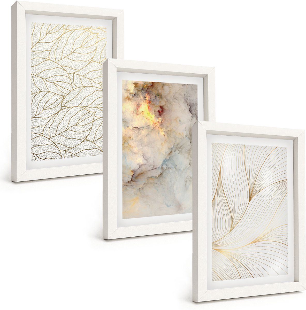 Wallfluent 3-Delige Schilderij Set - Lineaire Bladpatronen Abstract Marmer - 20 x 30 - Muurdecoratie - Interieur Decoratie - Woonkamer Decoratie