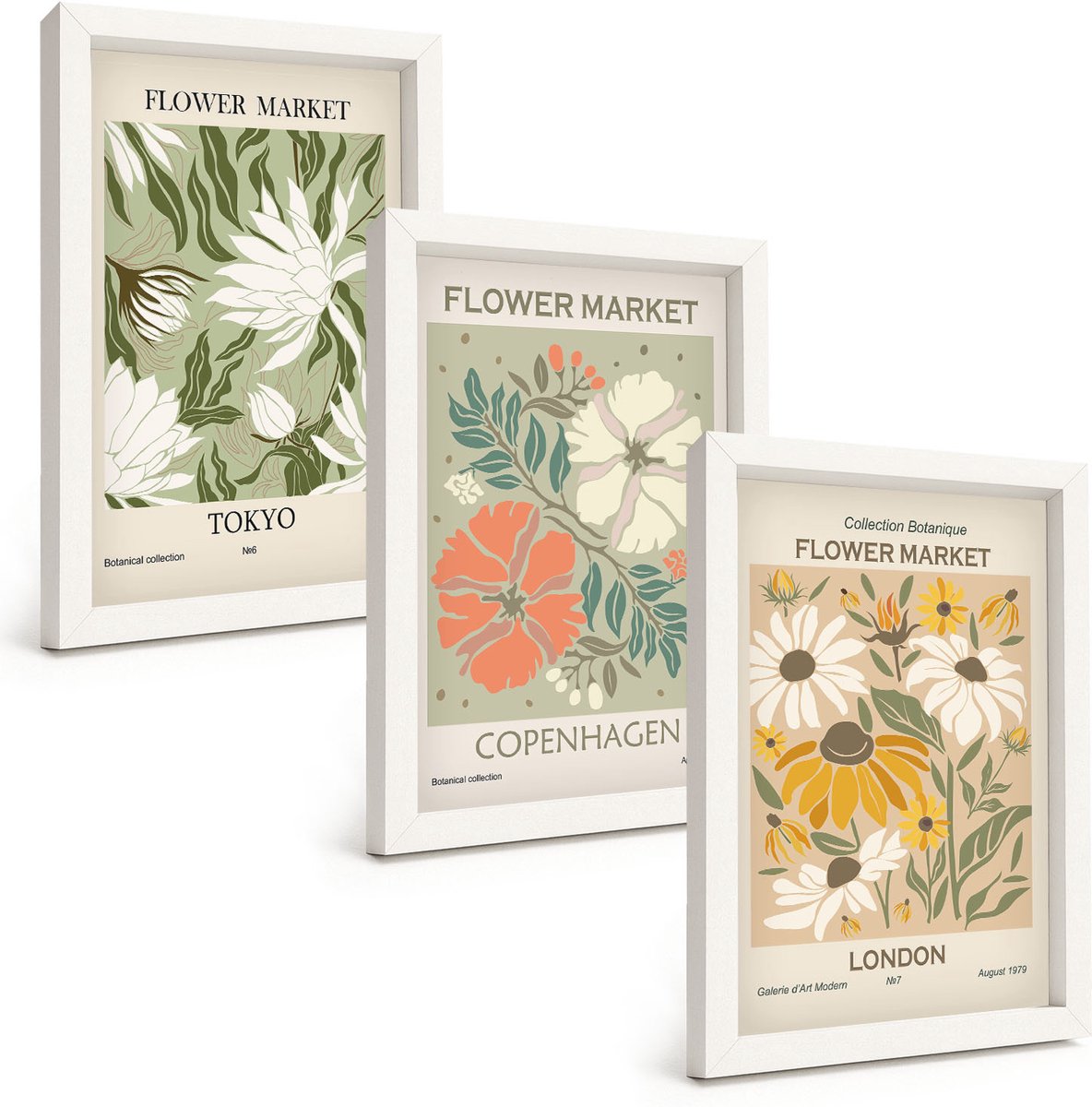 Wallfluent 3-Delige Schilderij Set - Bloemmotieven Uit Verschillende Steden Over De Hele Wereld - 20 x 30 - Wanddecoratie - Woonkamer Decoratie
