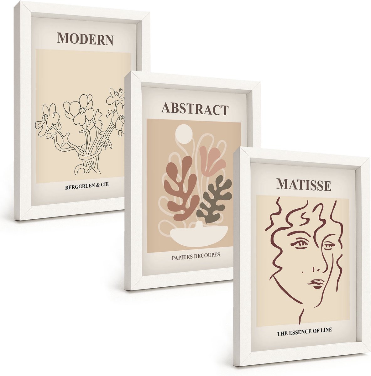 Wallfluent 3-Delige Schilderij Set - Plantenmotieven En Lijnen In Een Moderne Stijl - 20 x 30 - Wanddecoratie - Moderne Interieurdecoratie - Moderne Wanddecoratie