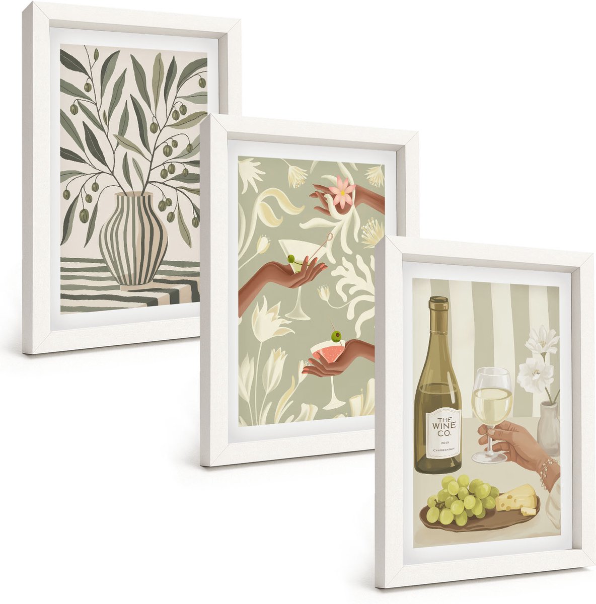 Wallfluent 3-Delige Schilderij Set - Olijfbloemen En Rustieke Cocktails - 20 x 30 - Muurdecoratie - Interieur Decoratie - Moderne Wanddecoratie