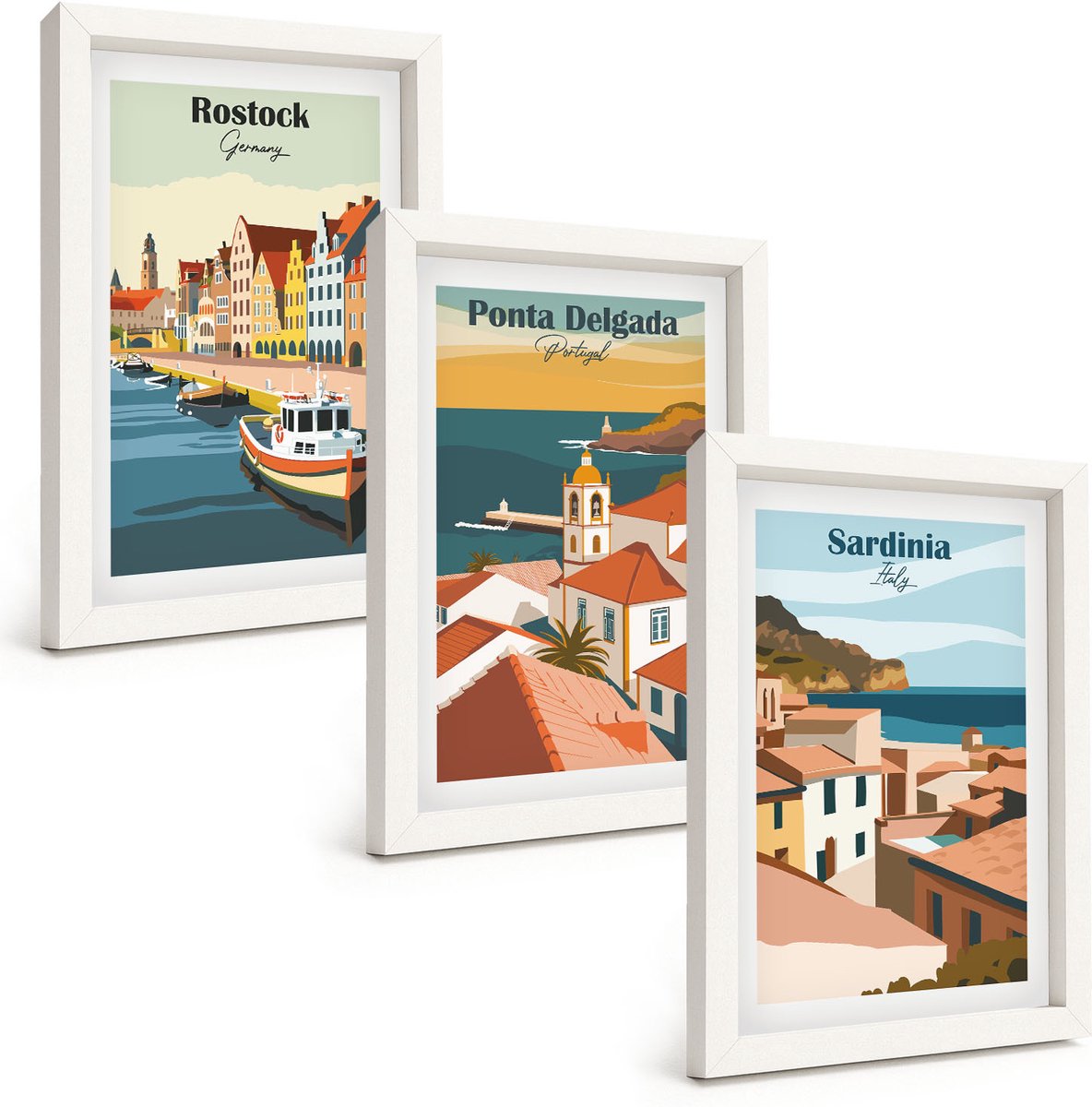 Wallfluent 3-Delige Schilderij Set - Uitzichten Op Europese Kust- En Havensteden - 20 x 30 - Wanddecoratie - Schilderijen Set - Interieur - Muurdecoratie