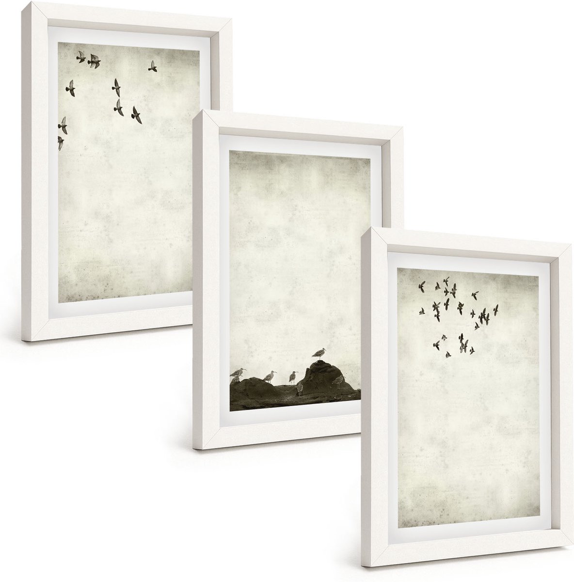 Wallfluent 3-Delige Schilderij Set - Vliegende Zwerm Vogels In Minimalistische Stijl - 20 x 30 - Schilderijen Set - Wanddecoratie - Woonkamer - Muurdecoratie