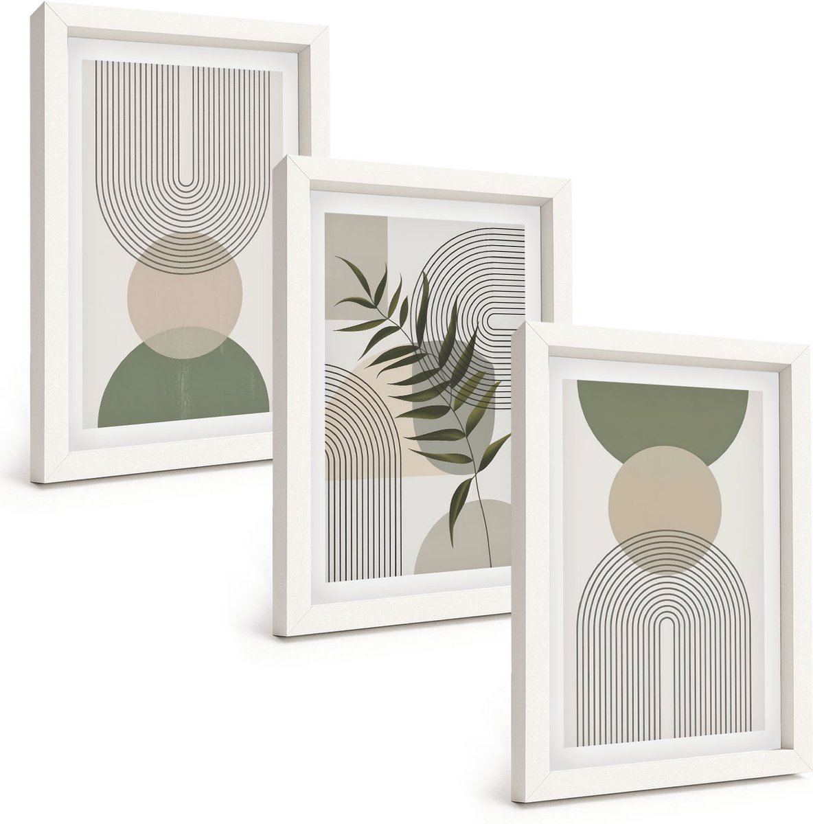 Wallfluent 3-Delige Schilderij Set - Abstracte Vormen In Tinten Groen En Beige - 20 x 30 - Wanddecoratie - Woonkamer Decoratie