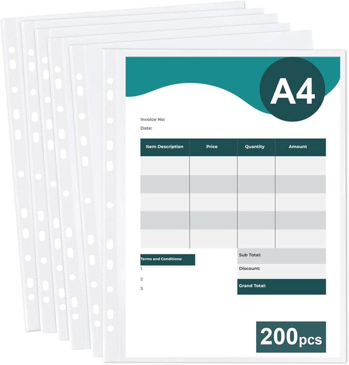Set van 200 Doorzichtige A4 Mappen (DIN A4, 60 My) met 11 Perforaties voor Documenten, Brochures en Loose Bladen