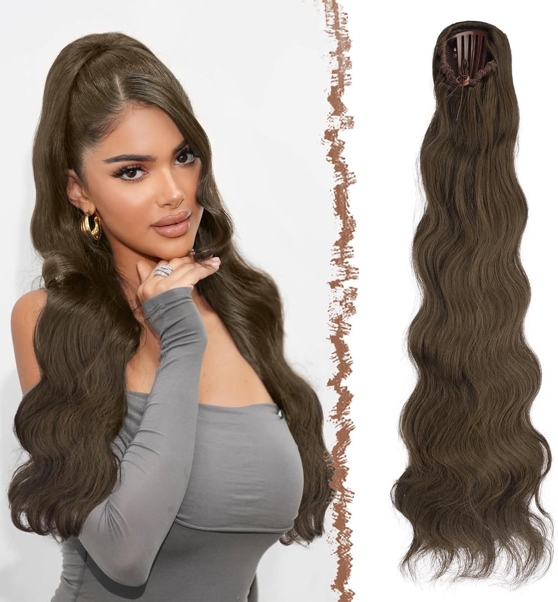 Natuurlijke 75 cm lange ponytail haarstuk met trekkoord, synthetisch haar, ideaal voor vrouwen, kleur mosbruin