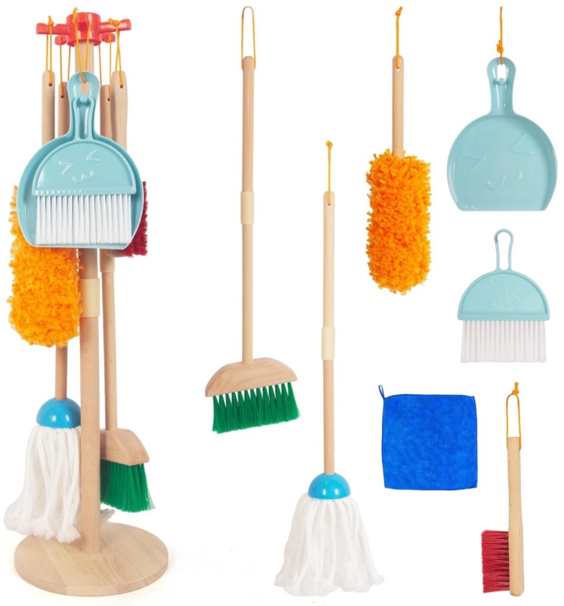 Schoonmaakset voor kinderen - Geschikt voor kinderen van 3-8 jaar - Speelgoedbezemset voor huishoudelijke klusjes - Houten schoonmaakgereedschap
