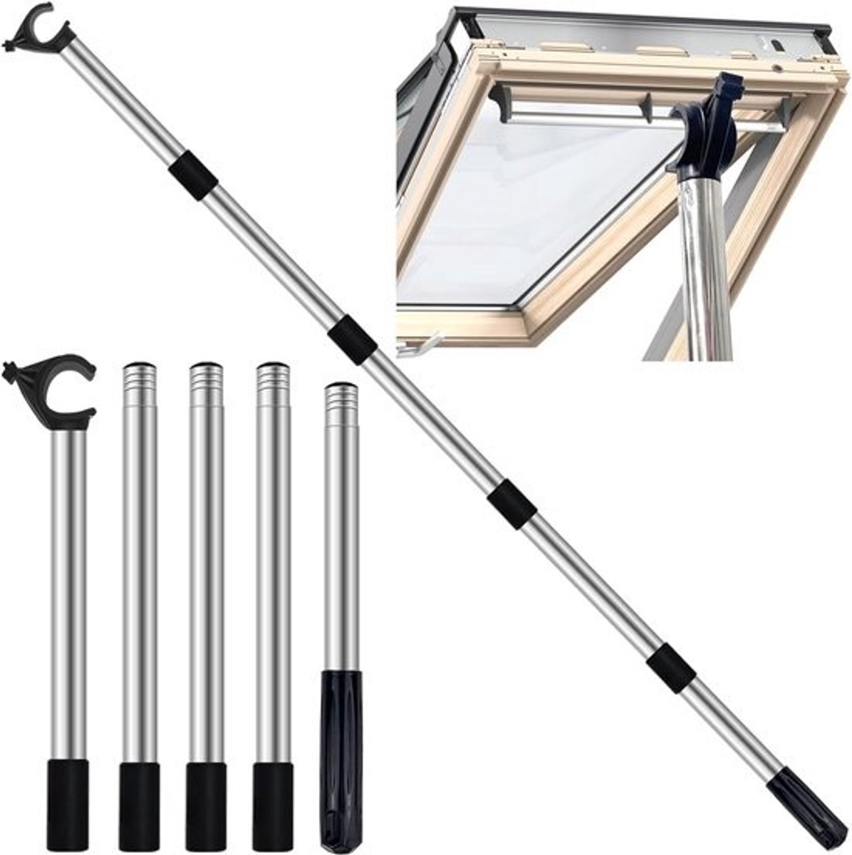 Telescoopstang - Raamstok - Dakramen Bediening - Verstelbare Lengte - Tot 186 cm - Zilver