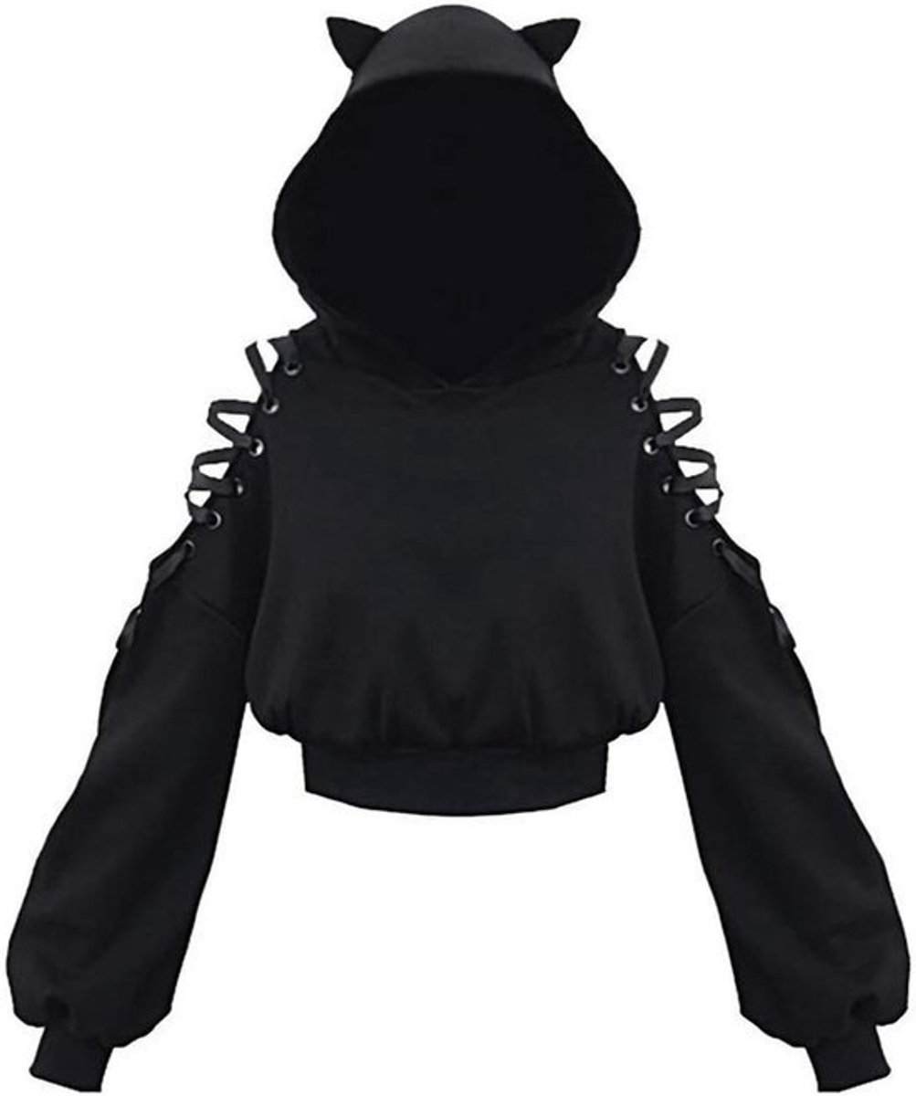 Off Shoulder Hoodie Dames met Opgestikte Kattenoren en Lintdetails | Korte Sweatshirt