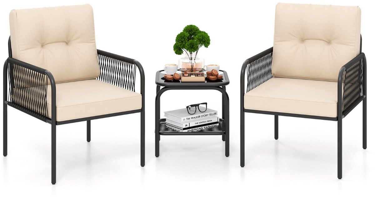 SureDeal® - Tuinset - Rieten Tuinmeubelset Delig - Stoelen - Tafel - Kussens Beige - 66x58x75 cm - Beige