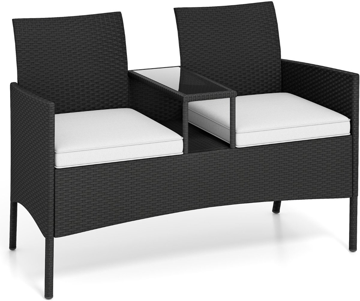 SureDeal® - Tuinstoel - Rieten Patio Bank - Geïntegreerde Glazen Tafel - 62x124x84 cm - Wit