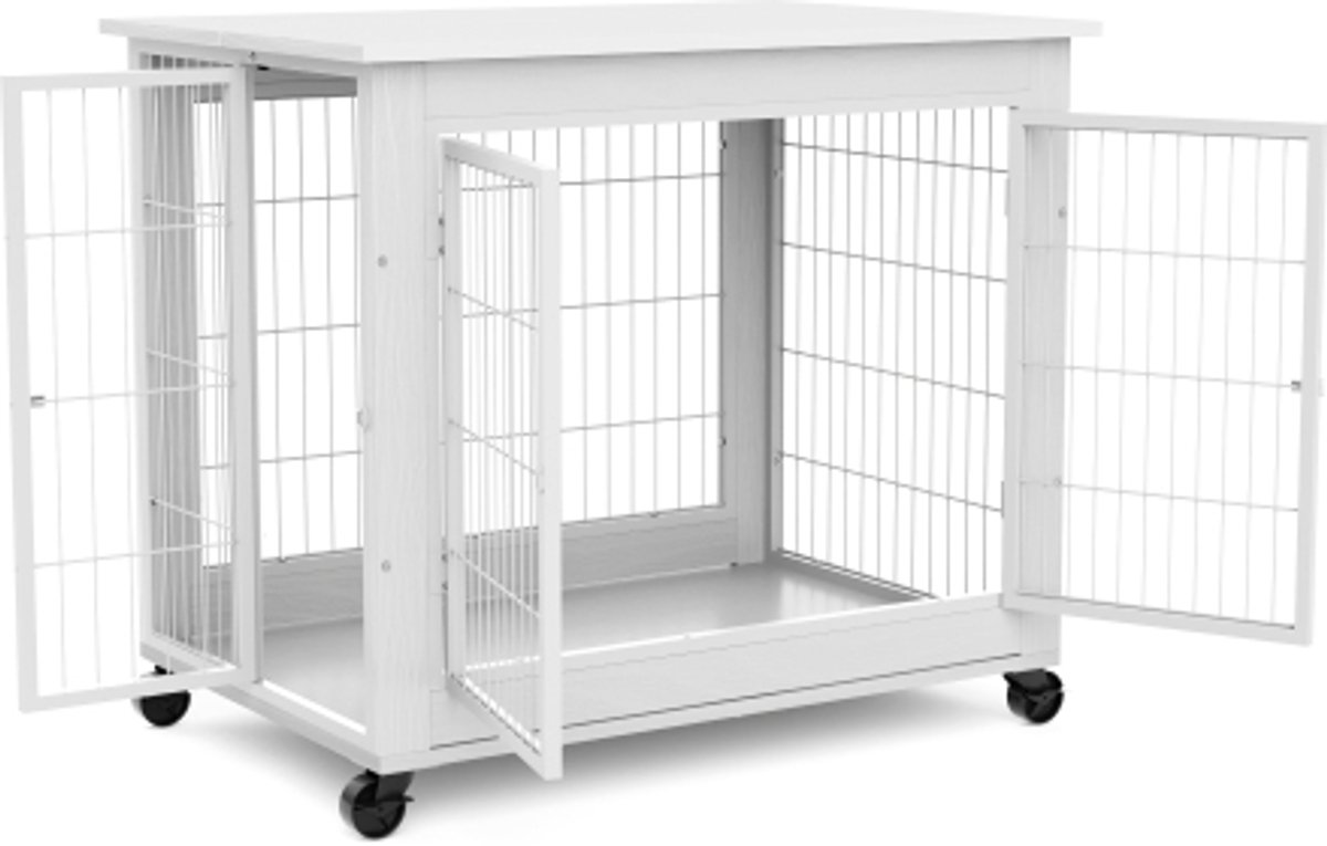 Hondenbench Meubel 80 x 56 x 69,5 cm – Houten Hondenkooi met Dubbele Deur, Openklapbaar Dak en Wielen – Wit